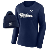 Women's New York Yankees Baseball Run The Bases Long Sleeve baseball T-shirt & Cuffed Knit Hat with Pom Combo Set - Navy