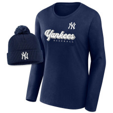 Women's New York Yankees Baseball Run The Bases Long Sleeve baseball T-shirt & Cuffed Knit Hat with Pom Combo Set - Navy