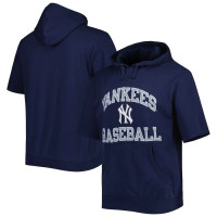 Adult Men's New York Yankees Mitchell & Ness Cooperstown Collection Washed Fleece Pullover Short Sleeve baseball Hoodie - Navy