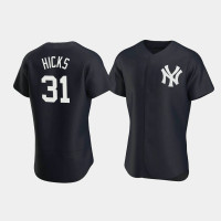 Mens New York Yankees #31 Aaron Hicks Navy Authentic Team Logo 2020 Alternate Jersey