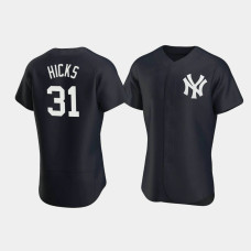 Mens New York Yankees #31 Aaron Hicks Navy Authentic Team Logo 2020 Alternate Jersey