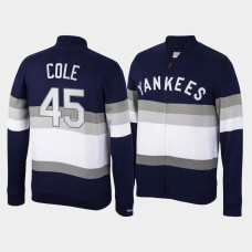 Mens New York Yankees Gerrit Cole Navy Front Stripe Mitchell & Ness Full-Zip Sweater Mens New York Yankees Gerrit Cole Navy Front Stripe Mitchell & Ness Full-Zip Sweater