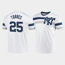 Mens New York Yankees #25 Gleyber Torres White Cooperstown Collection V-Neck Jersey Mens New York Yankees #25 Gleyber Torres White Cooperstown Collection V-Neck Jersey