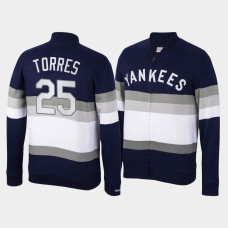 Mens New York Yankees Gleyber Torres Navy Front Stripe Mitchell & Ness Full-Zip Sweater Mens New York Yankees Gleyber Torres Navy Front Stripe Mitchell & Ness Full-Zip Sweater